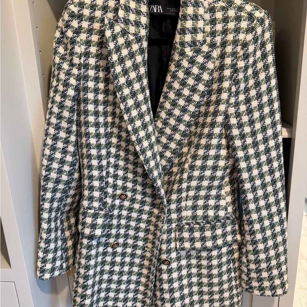 Zara Women's Green and Cream Plaid Blazer